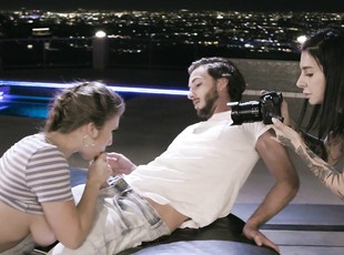 Joanna Angel takes pics while Lena Paul enjoys rooftop sex